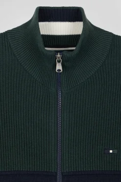 Regular navy blue and green cotton high collar zipped cardigan