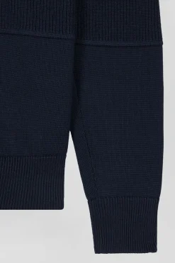 Regular navy blue and green cotton high collar zipped cardigan
