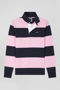 Regular navy blue and pink striped cotton rugby shirt with long sleeves