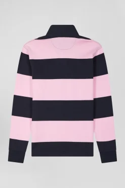 Regular navy blue and pink striped cotton rugby shirt with long sleeves