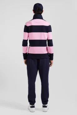 Regular navy blue and pink striped cotton rugby shirt with long sleeves