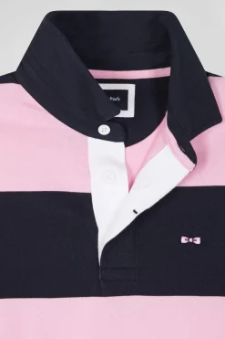 Regular navy blue and pink striped cotton rugby shirt with long sleeves