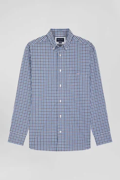 Regular navy blue and white checked cotton poplin shirt
