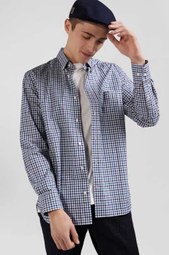 Regular navy blue and white checked cotton poplin shirt