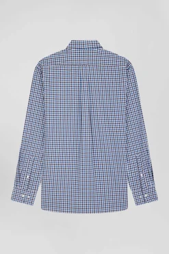 Regular navy blue and white checked cotton poplin shirt