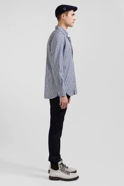 Regular navy blue and white checked cotton poplin shirt