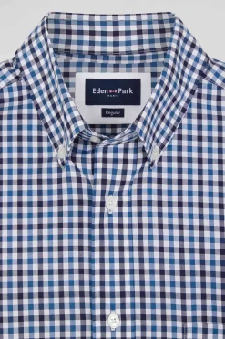 Regular navy blue and white checked cotton poplin shirt