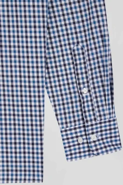 Regular navy blue and white checked cotton poplin shirt
