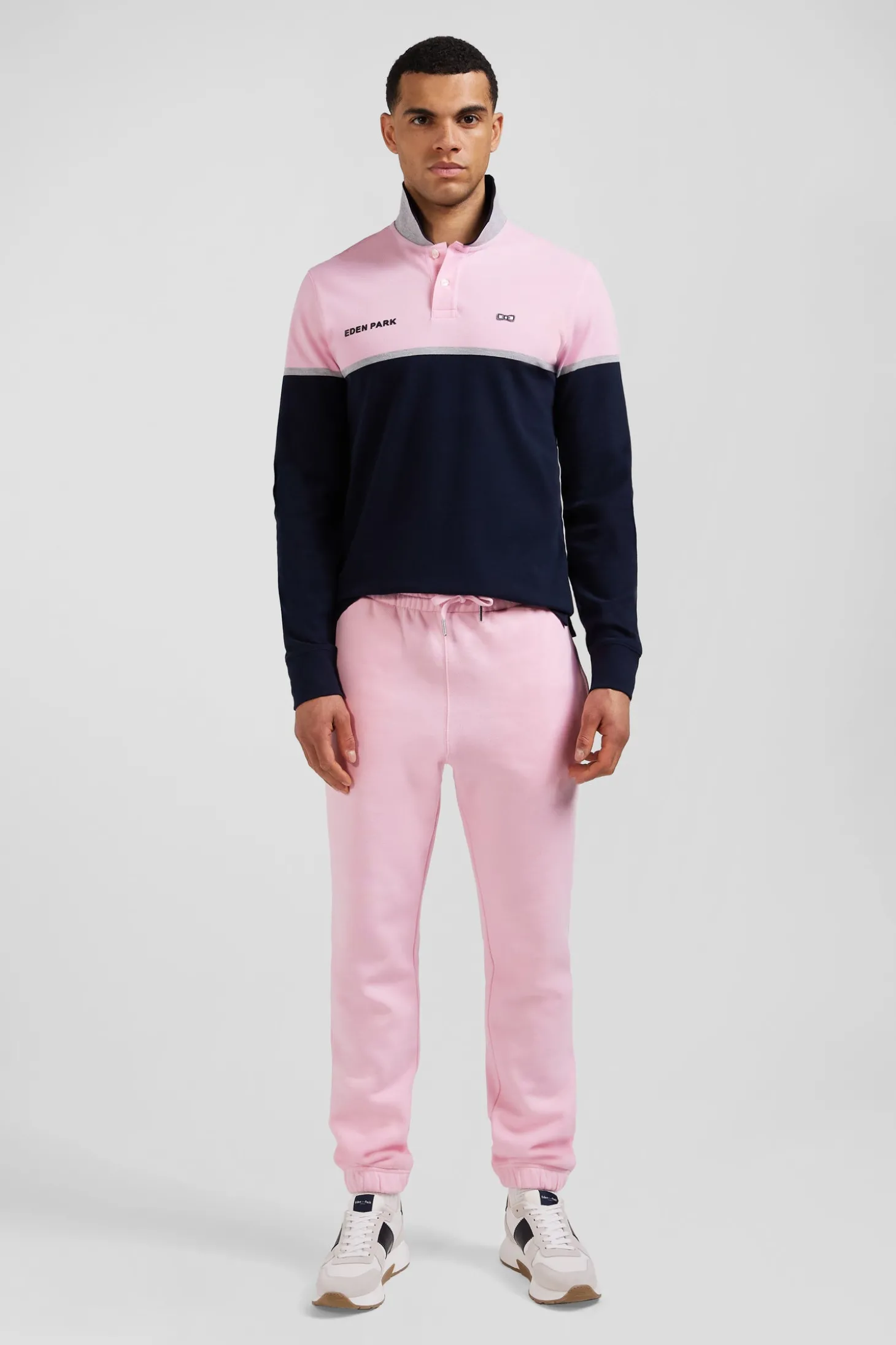 Regular navy blue bicolor long-sleeved cotton piqué polo shirt