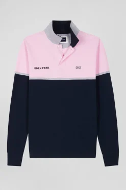 Regular navy blue bicolor long-sleeved cotton piqué polo shirt