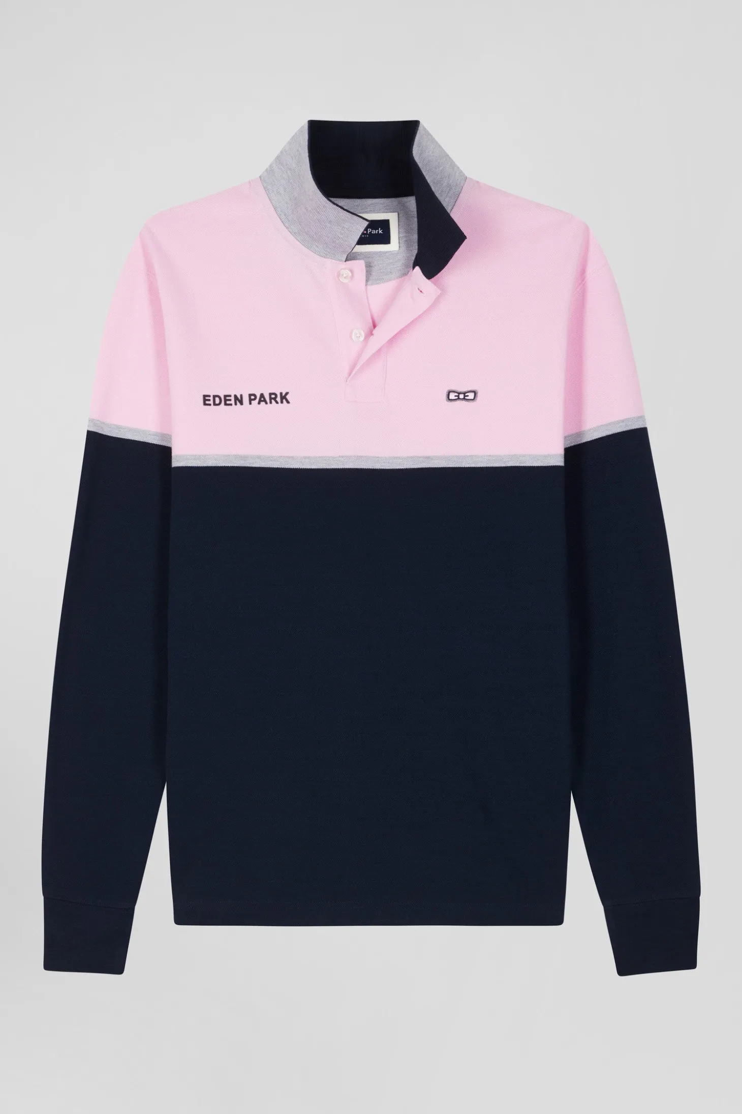 Regular navy blue bicolor long-sleeved cotton piqué polo shirt