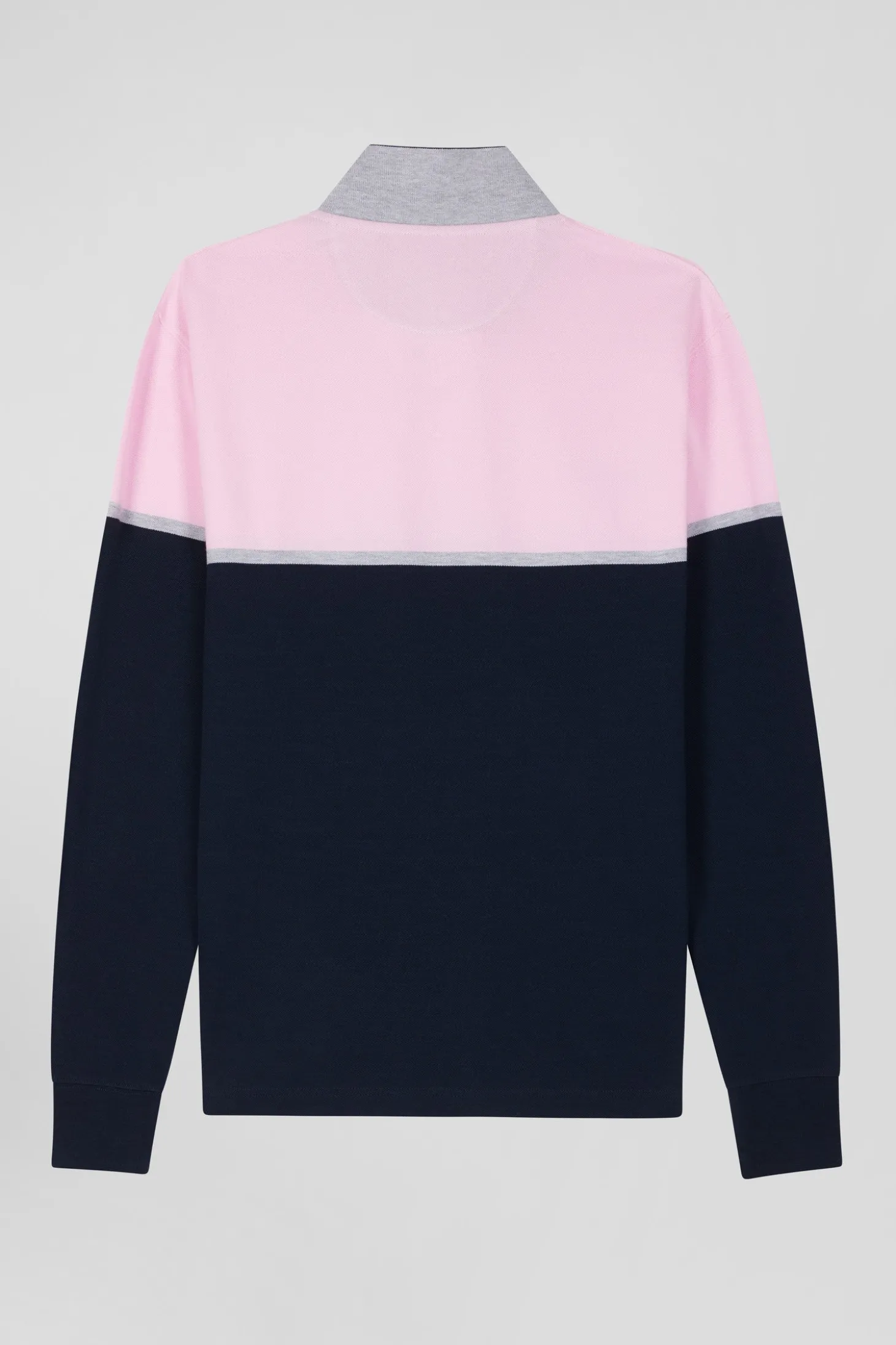 Regular navy blue bicolor long-sleeved cotton piqué polo shirt