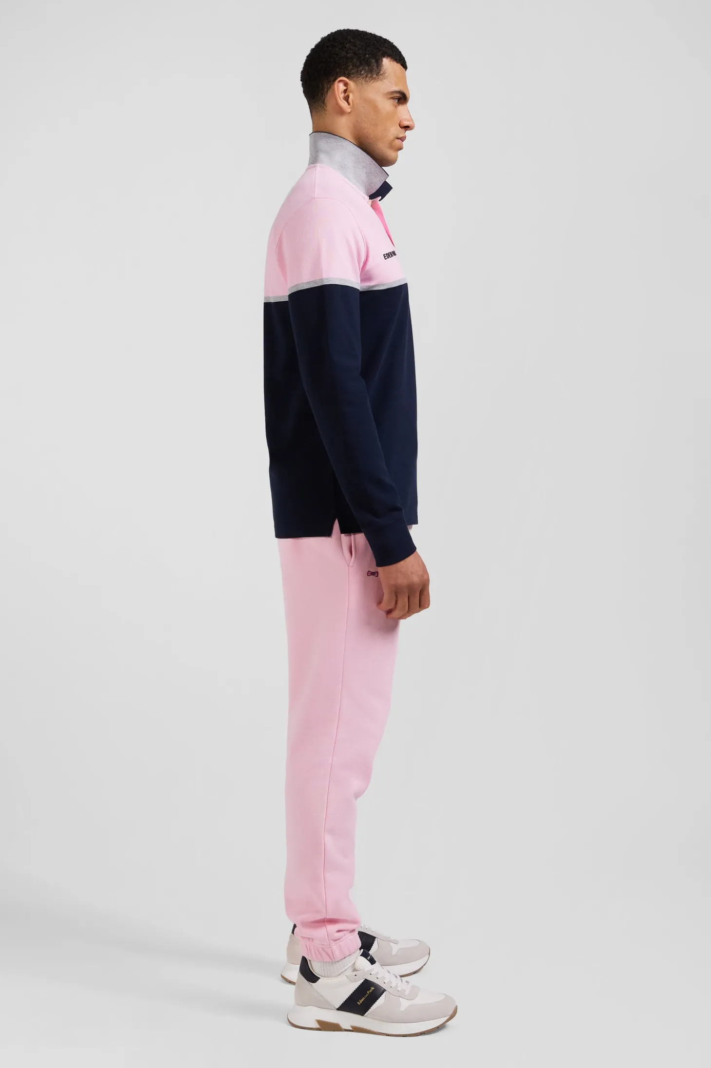 Regular navy blue bicolor long-sleeved cotton piqué polo shirt