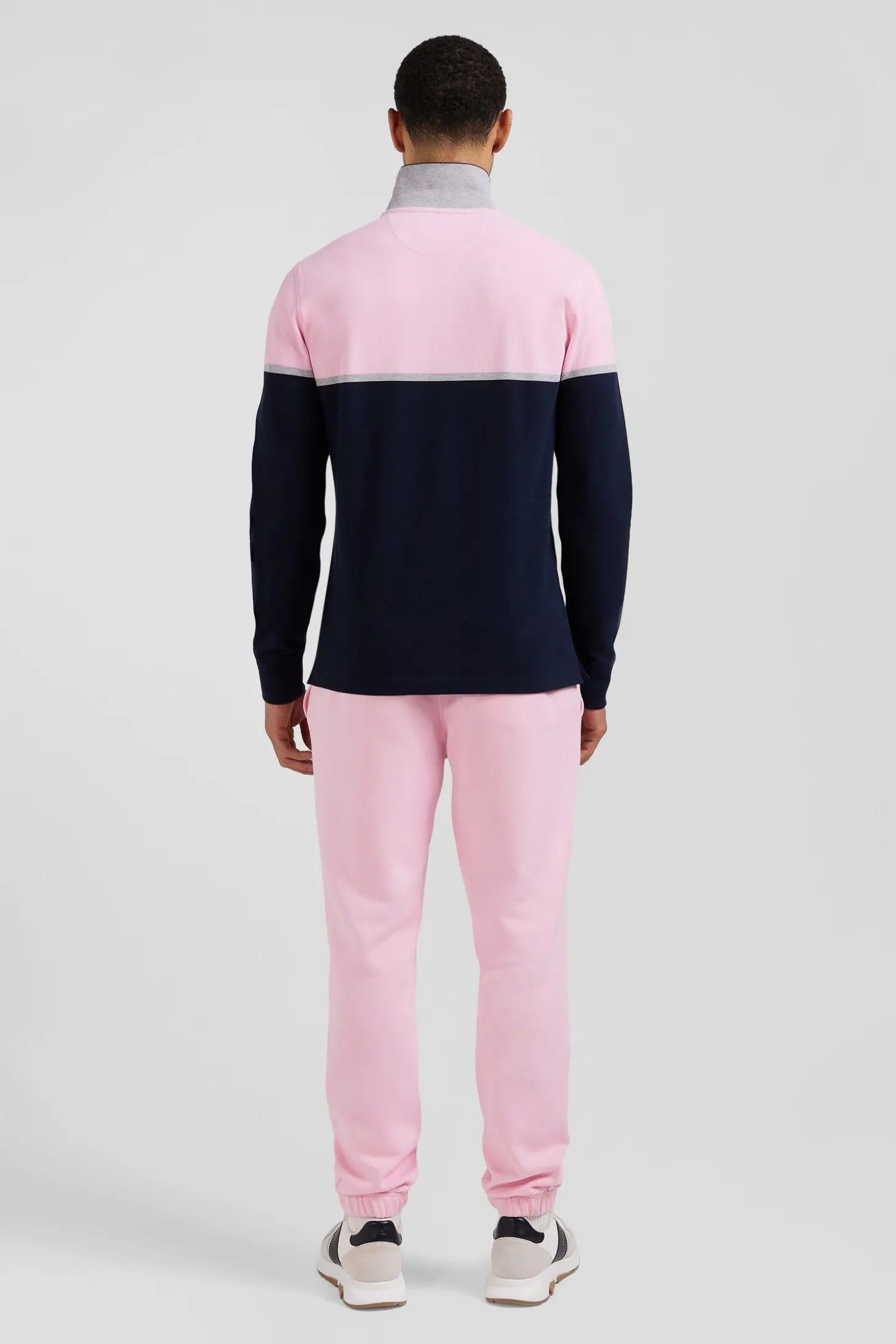 Regular navy blue bicolor long-sleeved cotton piqué polo shirt