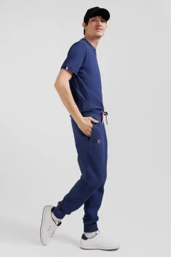 Regular navy blue brushed cotton fleece jogging bottoms
