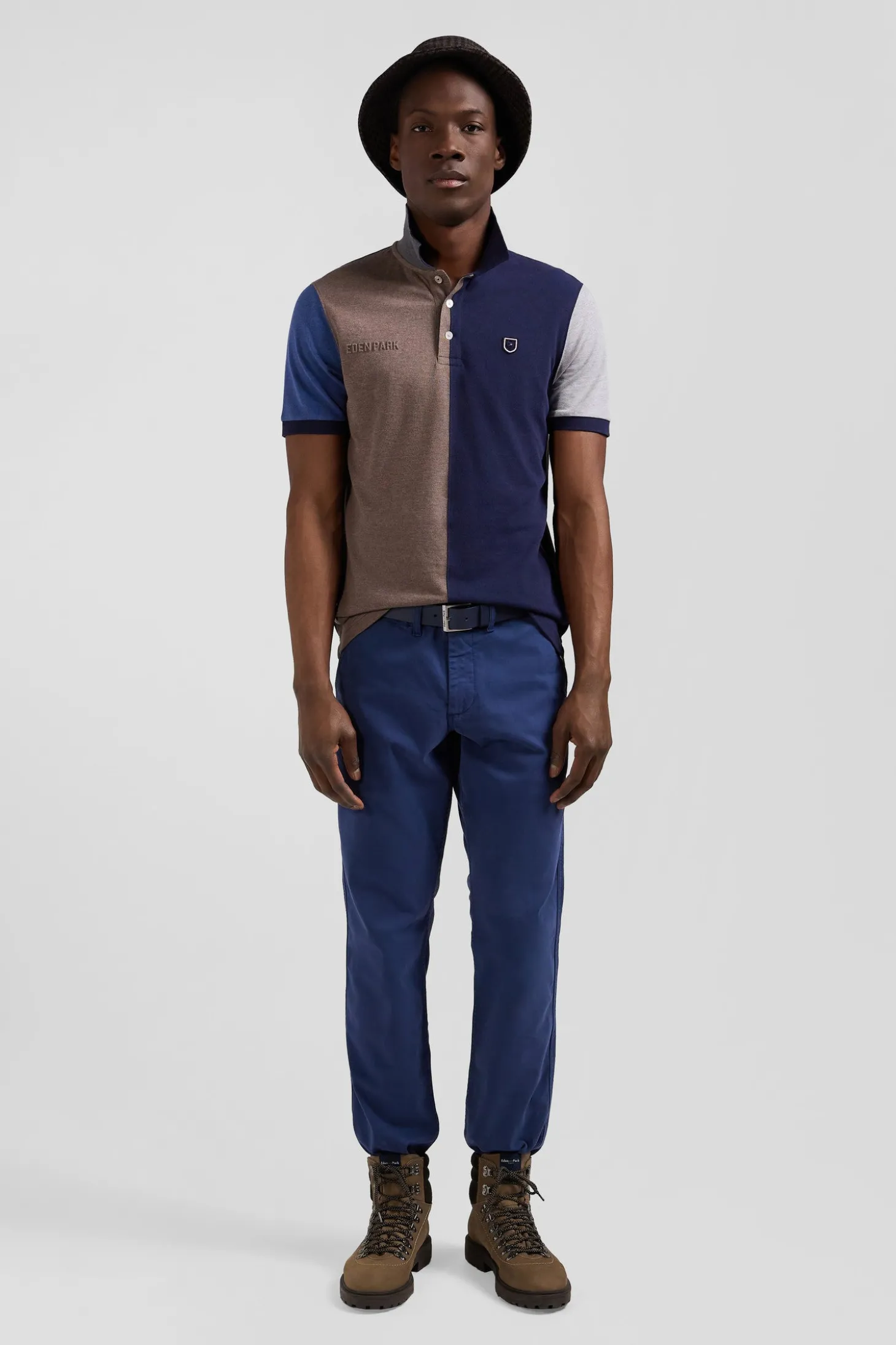 Regular navy blue colorblock short-sleeved cotton piqué polo shirt