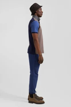 Regular navy blue colorblock short-sleeved cotton piqué polo shirt