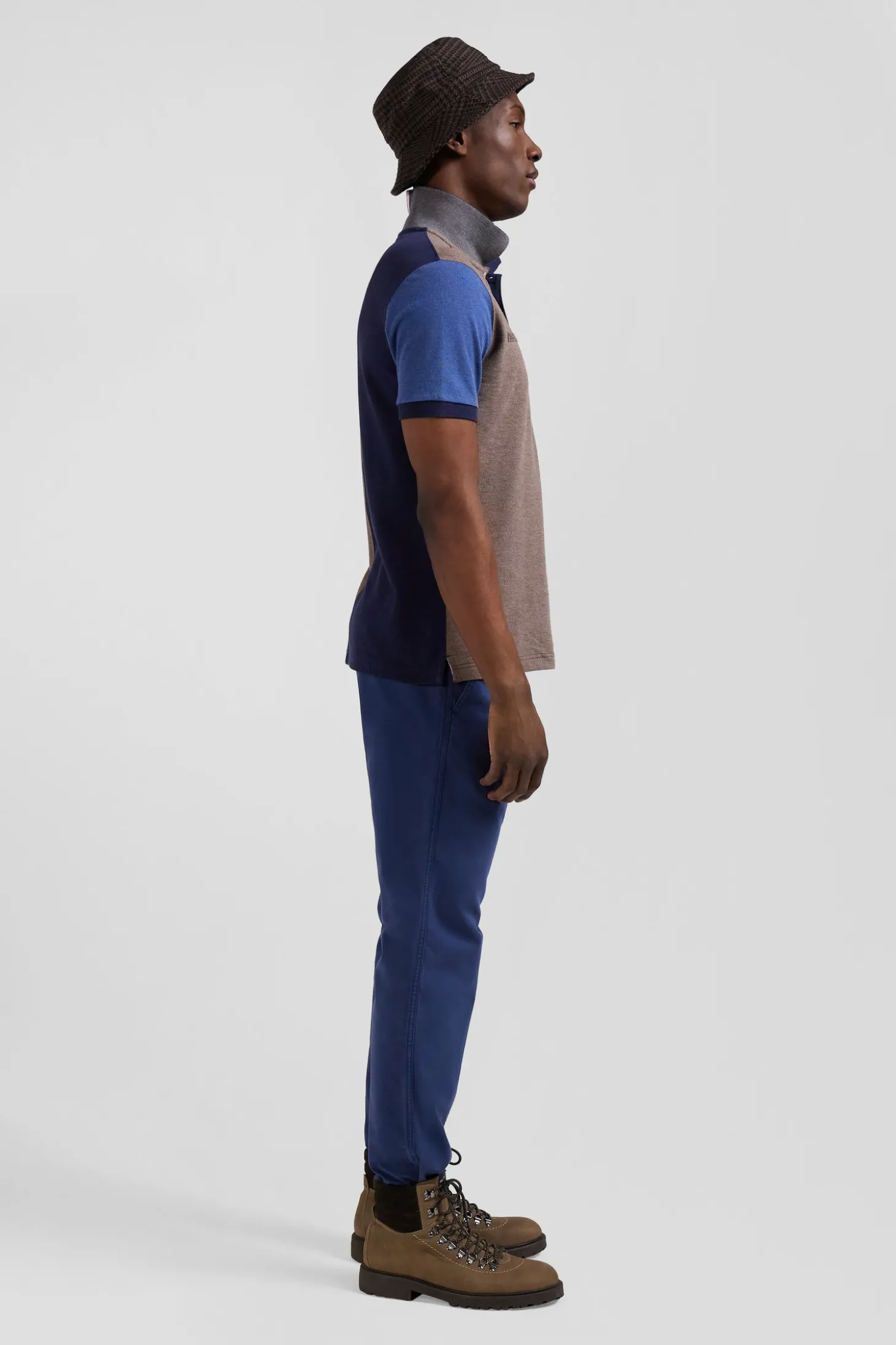 Regular navy blue colorblock short-sleeved cotton piqué polo shirt