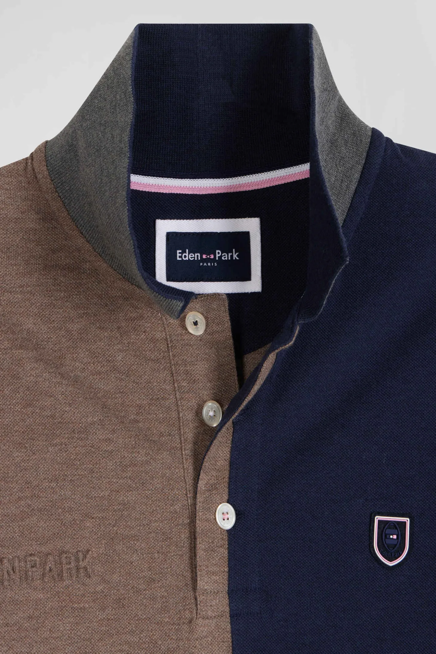 Regular navy blue colorblock short-sleeved cotton piqué polo shirt