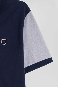 Regular navy blue colorblock short-sleeved cotton piqué polo shirt