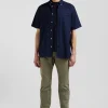 Regular navy blue cotton short-sleeved shirt with back embroidery