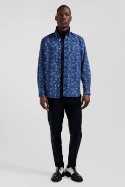 Regular navy blue cotton shirt with graphic print