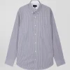 Regular navy blue cotton jacquard shirt with baton stripes