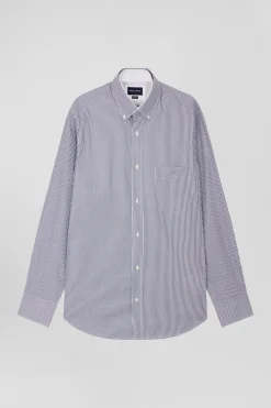 Regular navy blue cotton jacquard shirt with baton stripes