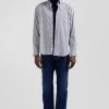 Regular navy blue cotton poplin shirt with baton stripes