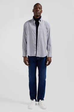 Regular navy blue cotton poplin shirt with baton stripes