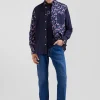 Regular navy blue cotton twill shirt with micro floral print