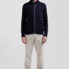 Regular navy blue cotton and cashmere zipped cardigan with vertical stripes