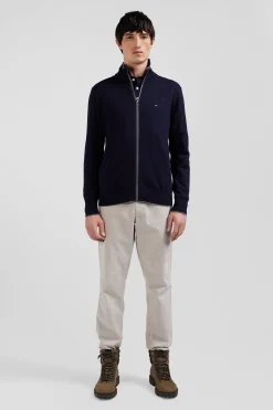 Regular navy blue cotton and cashmere zipped cardigan with vertical stripes