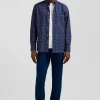 Regular navy blue cotton poplin shirt with micro floral print