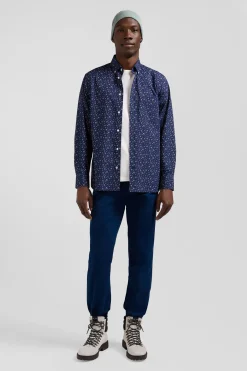 Regular navy blue cotton poplin shirt with micro floral print