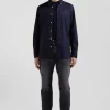 Regular navy blue cotton poplin shirt with button-down collar and printed elbow patches