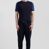 Regular navy blue cotton T-shirt with short contrasting sleeves