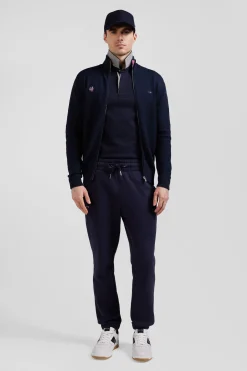 Regular navy blue cotton zipped cardigan with XV de France rubber badge and tricolour details