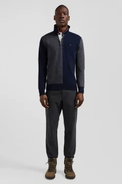 Regular navy blue cotton jumper with houndstooth jacquard and rugby shirt collar