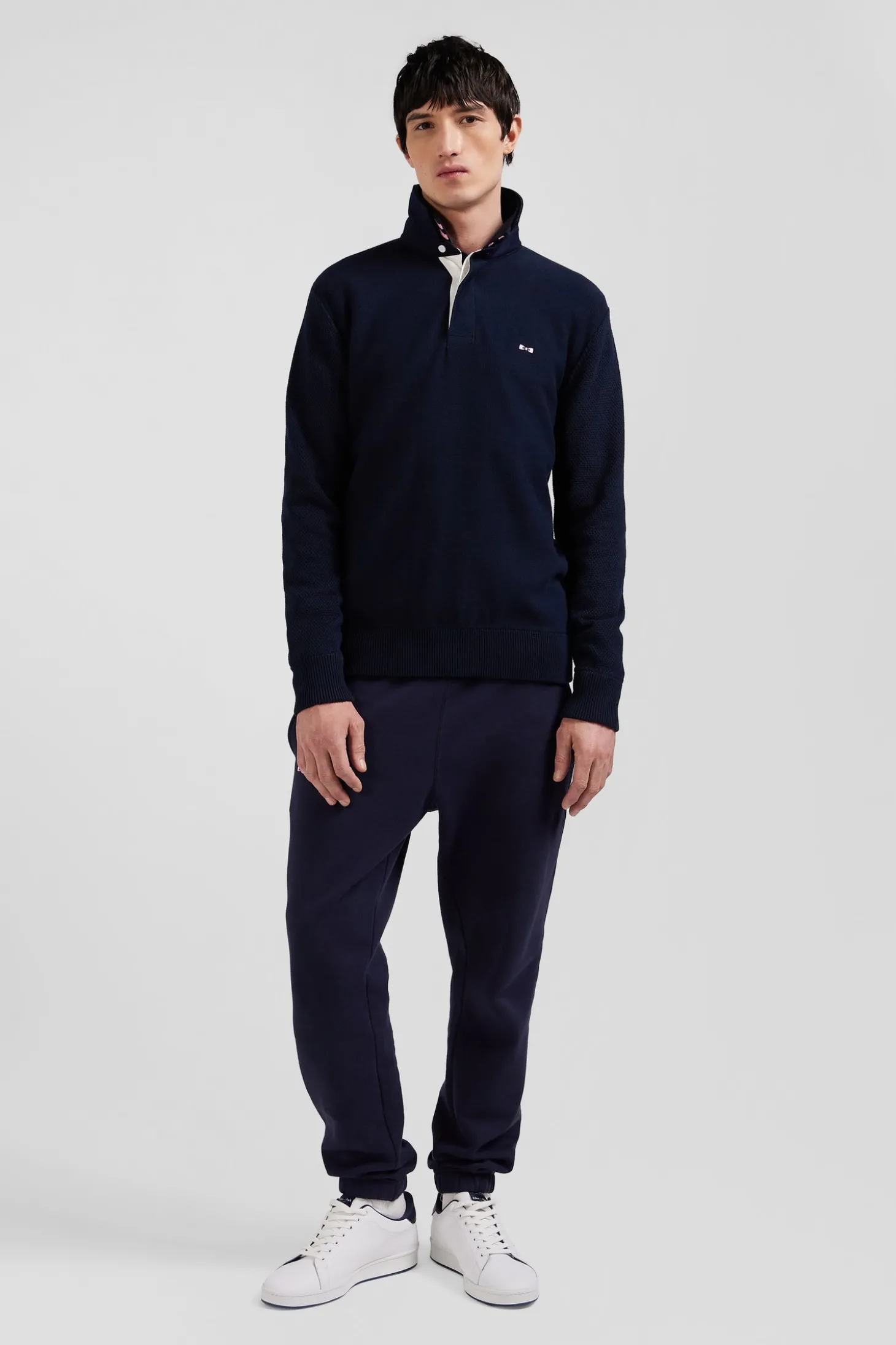Regular navy blue cotton jumper with N°10 embroidery and rugby shirt collar