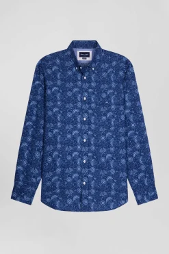 Regular navy blue cotton shirt with graphic print