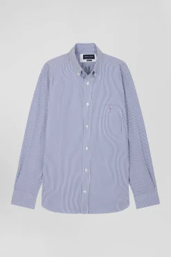 Regular navy blue cotton poplin shirt with baton stripes