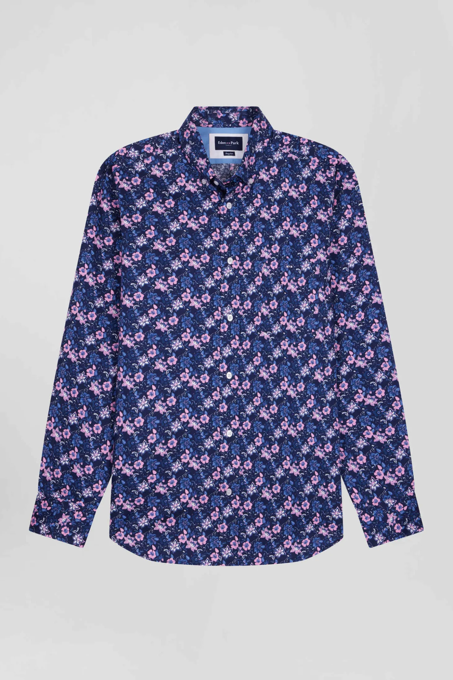 Regular navy blue cotton twill shirt with pink floral print