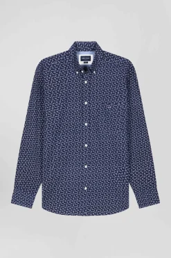 Regular navy blue cotton poplin shirt with micro bow tie print