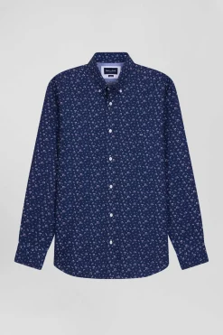 Regular navy blue cotton poplin shirt with micro floral print