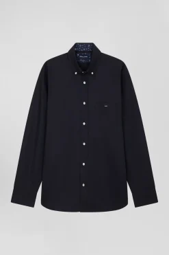 Regular navy blue cotton poplin shirt with button-down collar and printed elbow patches