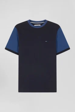 Regular navy blue cotton T-shirt with short contrasting sleeves