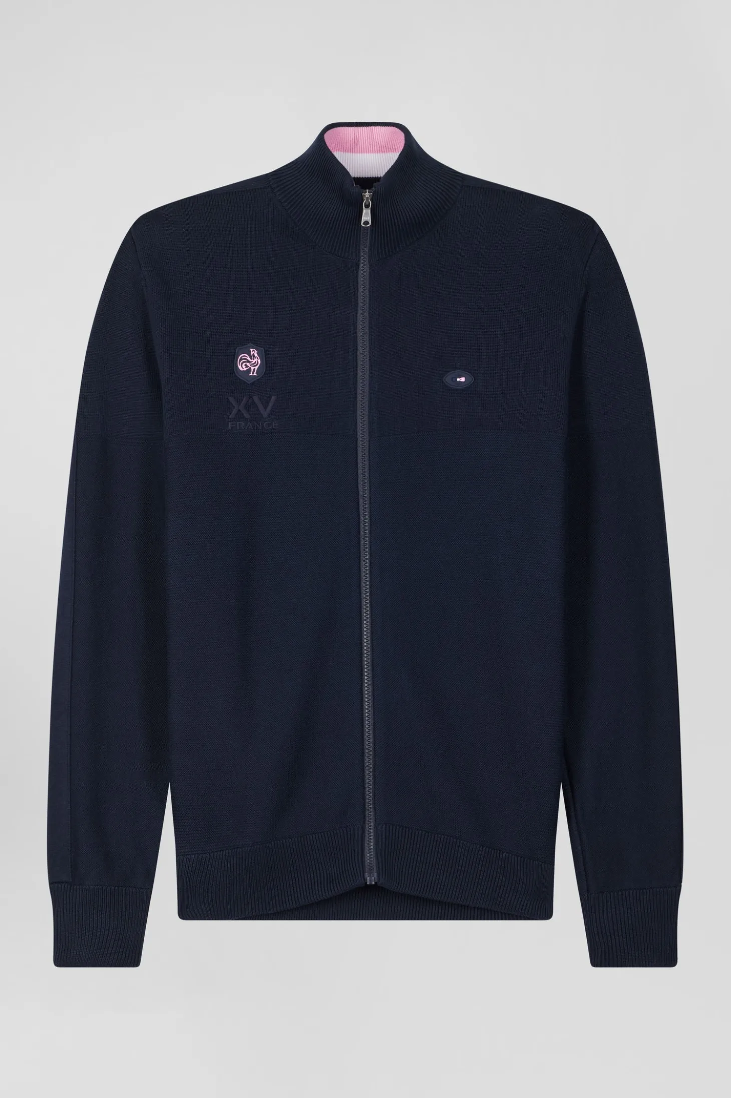 Regular navy blue cotton zipped cardigan with XV de France rubber badge and tricolour details