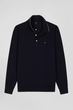 Regular navy blue cotton and cashmere jumper with rugby shirt collar