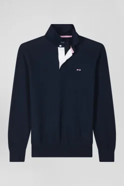 Regular navy blue cotton jumper with N°10 embroidery and rugby shirt collar